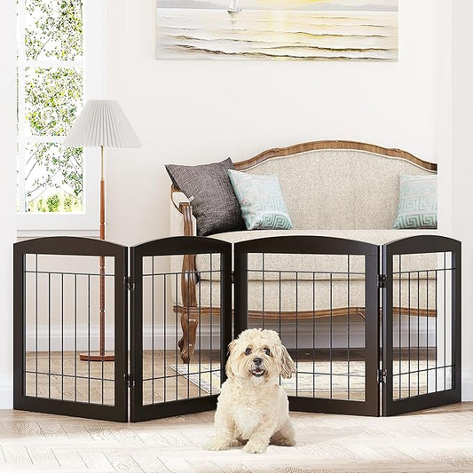 PAWLAND Dog Gate for The House Doorway Stairs Foldable Freestanding Indoor Pet Gate for Dogs Wooden Puppy Safety Fence 80" Wide 24" Height 4 Panels, Espresso