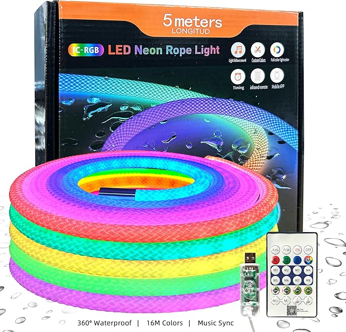 16.4ft Neon LED Rope Lights, 360 Led Light Strip Waterproof Strip with Music Sync,Remote & APP Control,USB-Powered Flexible Lighting for Indoor/Outdoor Gaming Room,Bedroom, and Wall Decor