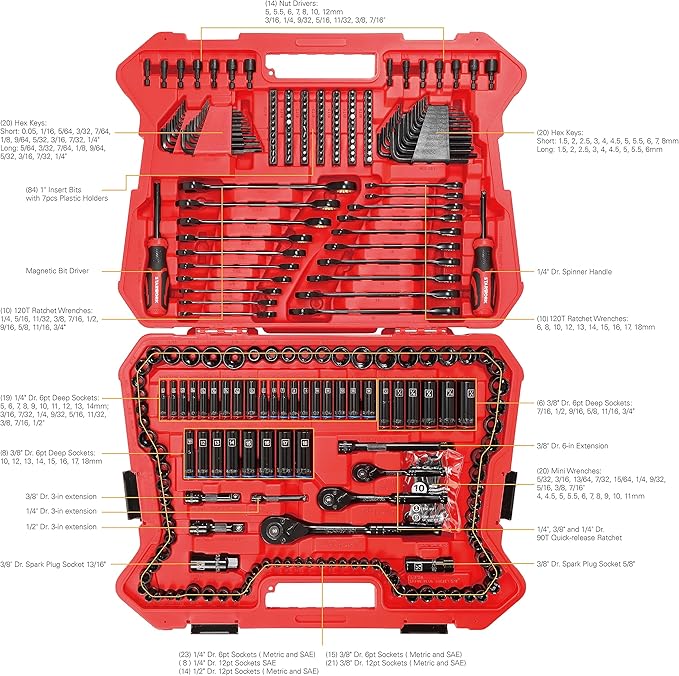 TRUE MECHANIC 303-Piece Mechanics Tool Set, 120T Ratcheting Wrench, Professional, SAE/Metric