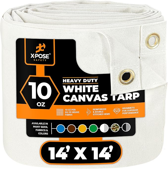 Xpose Safety Canvas Tarp - 10oz White Canvas Tarps Heavy Duty Water Resistant with Brass Grommets- Multipurpose Outdoor Tarpaulin for Camping, Canopy, Trailer, Equipment Cover 14' x 14'