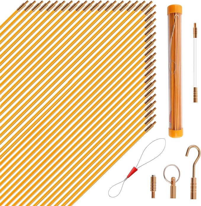 KOOTANS 50FT Fiberglass Running Electrical Wire Cable Glow Rods Wire Pulling Tools Fish Tape Wire Puller Through Wall Snake for Wires Cable Fishing Rod Kit with Different Attachments