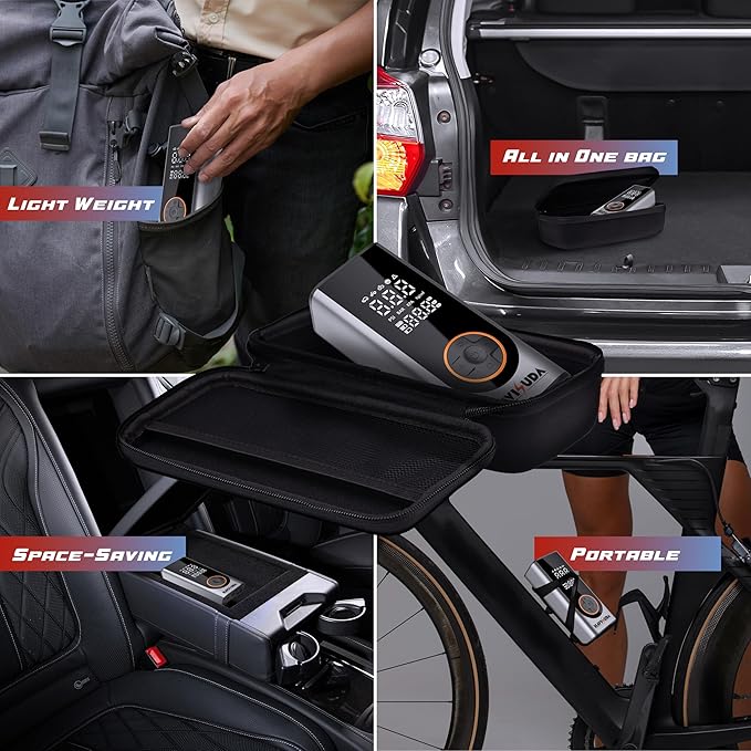 Tire Inflator Portable Air Compressor -150 PSI Cordless Air Pump for Car, Bike, Motorcycle, Truck tires,balls,rechargeable.5X Faster, LED Light, Auto Shut-off,tire pressure gauge with carrying case