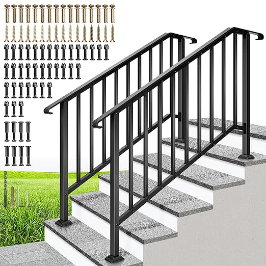 VIVOHOME 2-Pack 5 Step Galvanized Steel Hand Rails for Outdoor Steps – Curved Ends and Safety Balusters Exterior Railing for Porch, Deck, or Indoor Stairs, Complete Installation Kit