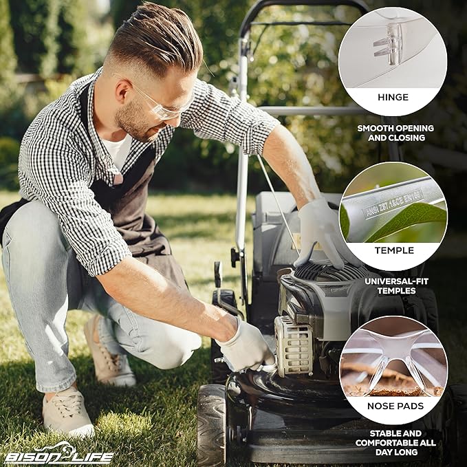 BISON LIFE Safety Glasses - Scratch Resistant Wrap Around Eyewear, Polycarbonate ANSI Z87.1 Impact Resistant Lens