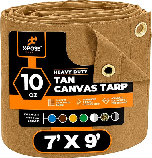 Xpose Safety Canvas Tarp - 10oz Tan Canvas Tarps Heavy Duty Water Resistant with Brass Grommets- Multipurpose Outdoor Tarpaulin for Camping, Canopy, Trailer, Equipment Cover 7' x 9'