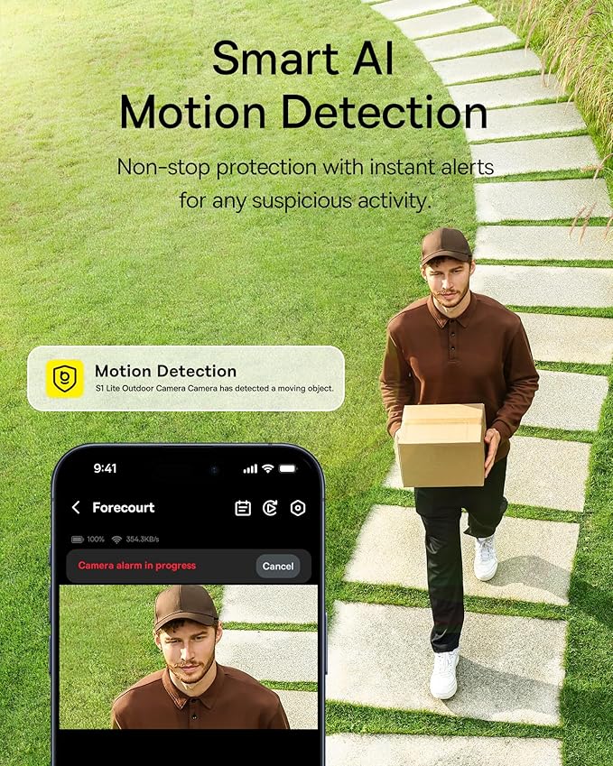 Baseus Solar Security Cameras Wireless Outdoor S1 Lite, 2K QHD Solocam, Continuous Power, Color Night Vision, AI Human Detection, IP67, No Monthly Fee, Local Storage, Works with Alexa & Google Home