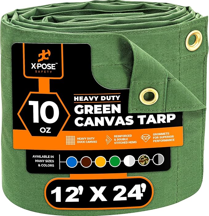 Xpose Safety Canvas Tarp - 10oz Green Canvas Tarps Heavy Duty Water Resistant with Brass Grommets- Multipurpose Outdoor Tarpaulin for Camping, Canopy, Trailer, Equipment Cover 12' x 24'