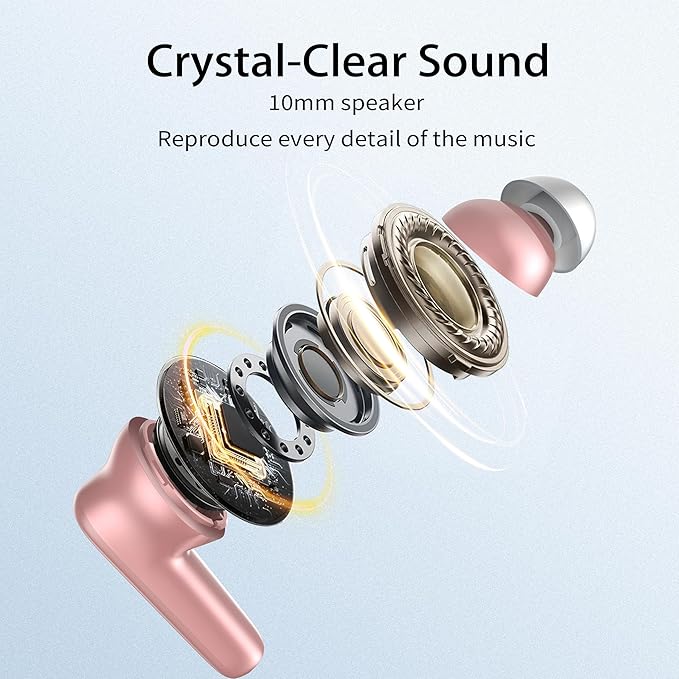 Wireless Ear Buds Bluetooth 5.3 60H Using Time Headphones Deep Bass Clear Call Earbuds with Built-in Mic Touch Control Lightweight Headsets for Studying Working Gaming Pink