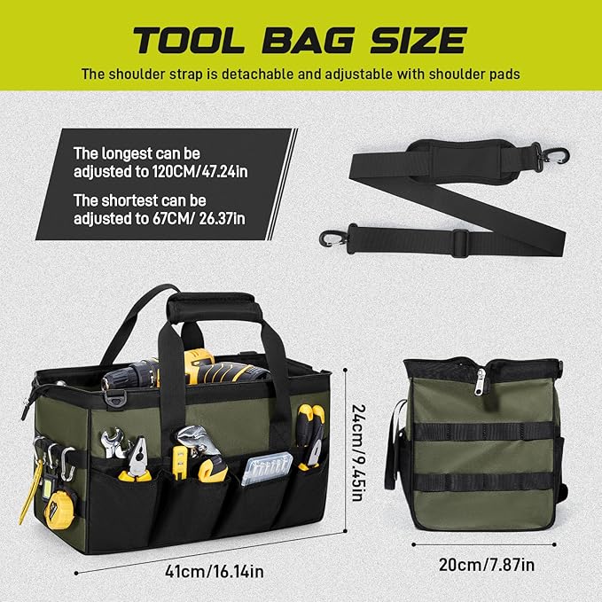 Tool Bag 16-Inch, 15 Pockets Heavy Duty Empty Tool Storage Organization, Soft Handle Carrying Toolbag,Toolbox Organization Tool Bags for Men,Army Green & Black
