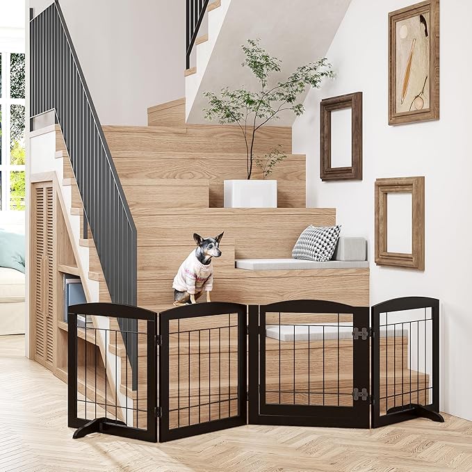 PAWLAND Freestanding Dog gate with Walk Through Door, Dog Gates for Doorways, The House, Stairs, 80" Wide Pet Puppy Safety Fence with Support Feet, 4 Panels, Espresso