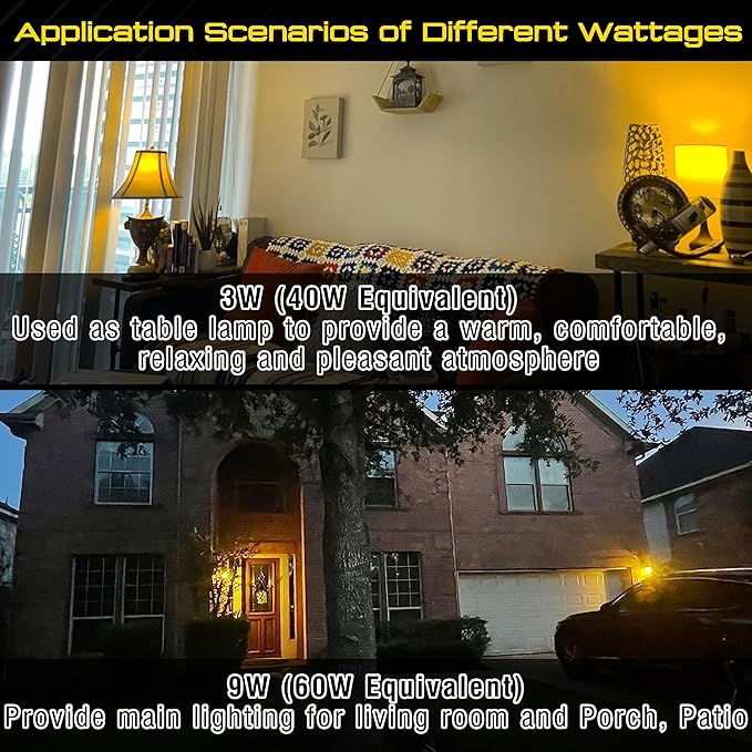 E26 Amber Light Bulbs 2000K, Warm Light Bulb 60W Equivalent, 800lm, A19 9W Soft Yellow Light Bulbs for Porch, Patio, Bedroom, Nursery, Healthy Sleep, Night Light, Non-Dimmable, 2 Pack