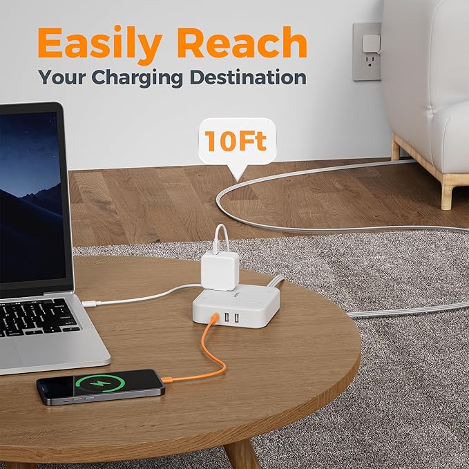 Surge Protector Flat Extension Cord 10FT, TESSAN Flat Plug Power Strip with 4 Outlets 3 USB Ports (1 USB C), 900 Joules Protection, Multiple Wall Outlet Extender Suitable for Home Office Dorm, White