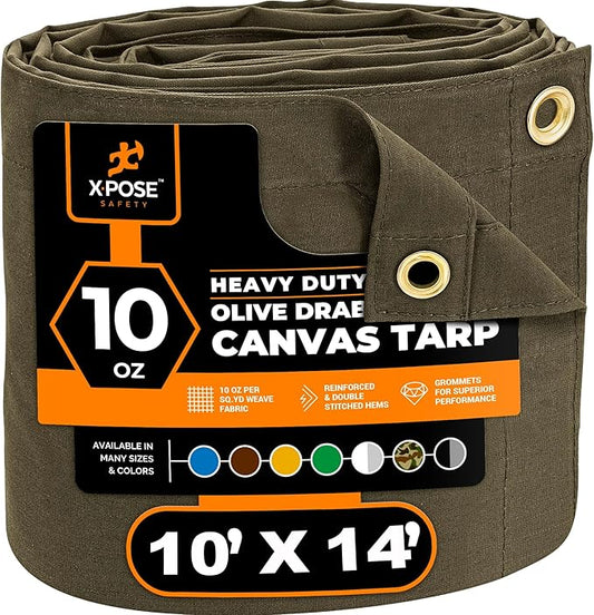 Xpose Safety Canvas Tarp - 10oz Olive Drab Canvas Tarps Heavy Duty Water Resistant with Brass Grommets- Multipurpose Outdoor Tarpaulin for Camping, Canopy, Trailer, Equipment Cover 10' x 14'