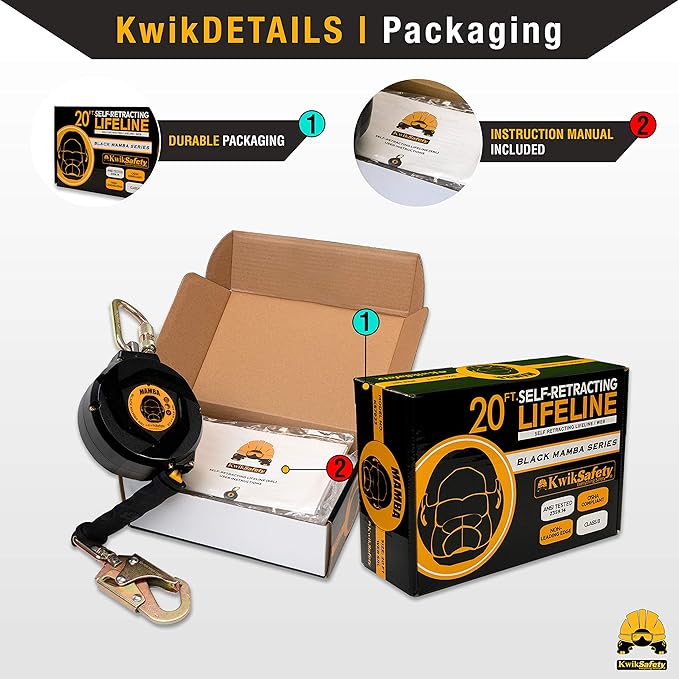 KwikSafety - Charlotte, NC - Mamba 20’ Self Retracting Lifeline [Carbonate Lightweight Housing] Class 1 Web SRL ANSI OSHA Retractable Fall Arrest Protection Roofing Construction Gear