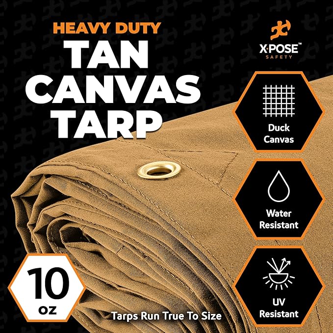 Xpose Safety Canvas Tarp - 10oz Tan Canvas Tarps Heavy Duty Water Resistant with Brass Grommets- Multipurpose Outdoor Tarpaulin for Camping, Canopy, Trailer, Equipment Cover 14' x 16'