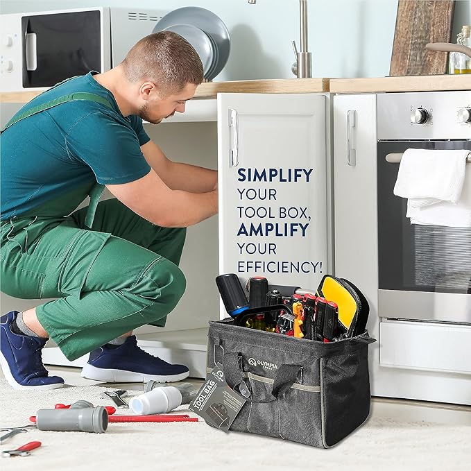 Olympia Tools Tool Bag 12 Inch, Heavy Duty Tools Bag with 3 Large Pockets, Adjustable Shouder Straps and 600D Reinforced Material