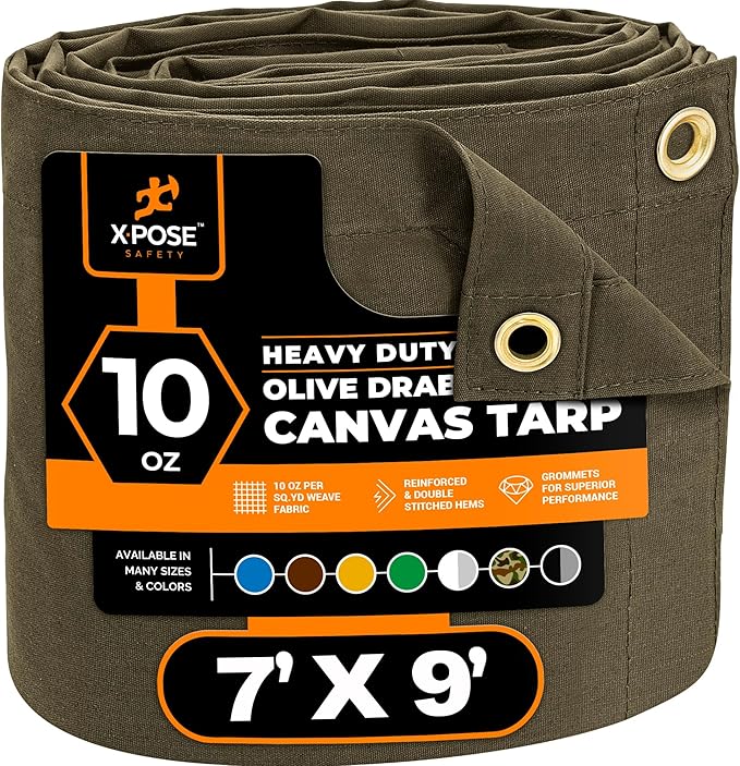 Xpose Safety Canvas Tarp - 10oz Olive Drab Canvas Tarps Heavy Duty Water Resistant with Brass Grommets- Multipurpose Outdoor Tarpaulin for Camping, Canopy, Trailer, Equipment Cover 7' x 9'