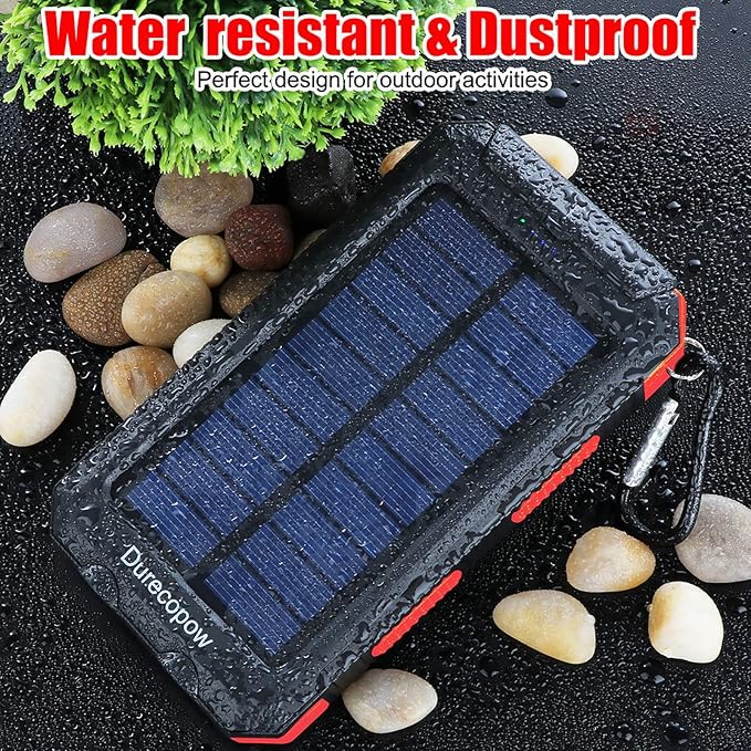 Solar Charger Power Bank, 20000mAh Portable Outdoor Waterproof Solar Battery Charger, Camping External Backup Battery Pack USB C Ports Input/Output, 2 Led Light Flashlight with Compass (Red)