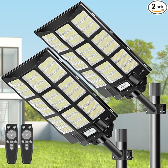 8500W Solar Street Lights Outdoor, 6500K IP66 Waterproof Solar Security Flood Lights, Commercial LED Parking Lot Lights Dusk to Dawn with Motion Sensor and Remote Control 2PACK