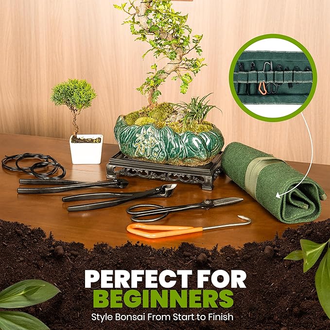 4PCS Bonsai Tool Set with Concave Cutter Wire Cutter Pruning Shears Root Pick | Bonsai Tools Kit with 5 Bonsai Shaping Wires and Waterproof Canvas Roll Bag