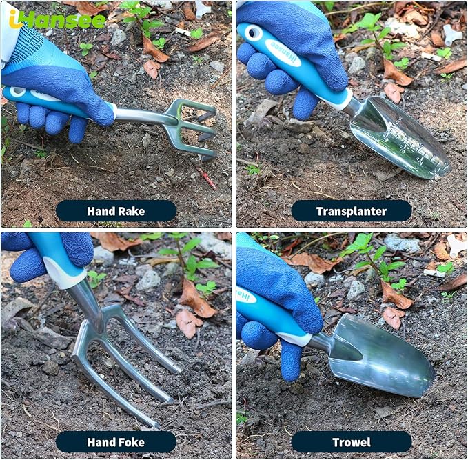 Blue Garden Tool Sets 12-Piece, Aluminum Gardening Hand Tools w/Ergonomic Handle, Garden Supplies Organizer Handbag, Kneeling Pad, Apron and Gloves, Gift for Women, Garden Starter Kit for Women