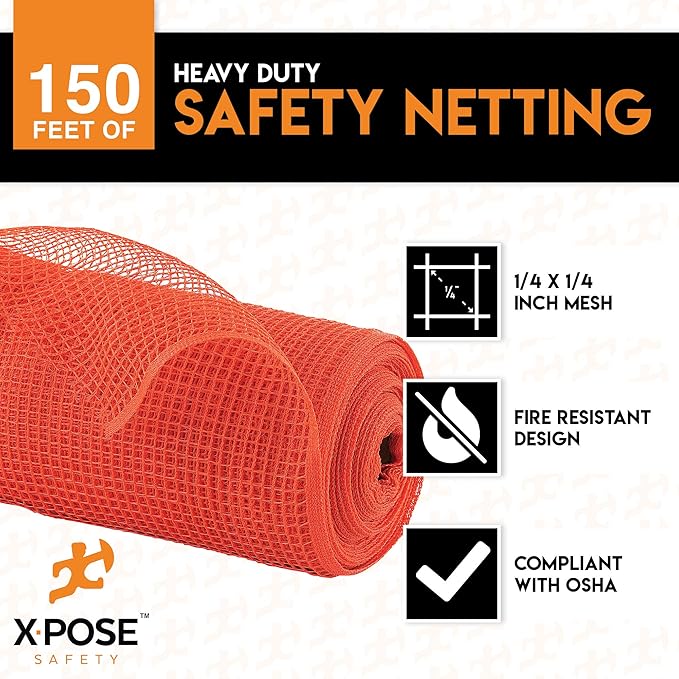 Construction Safety Debris Netting - 150 Ft Temporary Material Roll, 1/4" Mesh Scaffold Net Enclosure, Barricade, Visibility Barrier, Fencing Roll, Heavy Duty Fire Retardant 4ft x 150ft, Orange