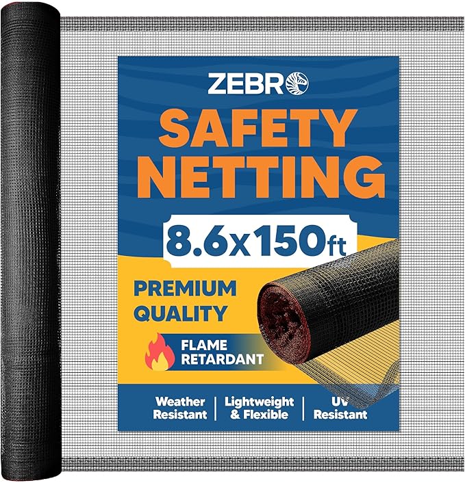 Fire Retardant Debris Safety Netting (8.6' x 150' - Black) - High Visibility Construction & Scaffolding & Railing & Elevator Netting for Enhanced Safety - Construction Fencing