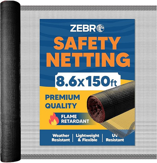 Fire Retardant Debris Safety Netting (8.6' x 150' - Black) - High Visibility Construction & Scaffolding & Railing & Elevator Netting for Enhanced Safety - Construction Fencing