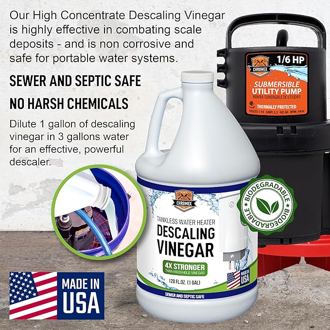 Chromex Tankless Water Heater Flush Kit with Concentrated Vinegar, Dilutes to 4 Gallons and 1/6HP Extra Strength Pump