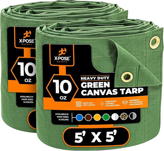 Xpose Safety Canvas Tarp - 10oz Green Canvas Tarps Heavy Duty Water Resistant with Brass Grommets- Multipurpose Outdoor Tarpaulin for Camping, Canopy, Trailer, Equipment Cover 5' x 5' (2 Pack)