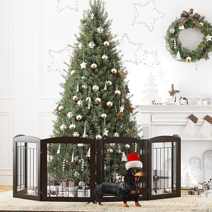 PAWLAND Dog Gate Indoor with Walk Through Door, Foldable Free Standing Pet Gate for Doorways, Stairs, The Houes, Pet Puppy Safety Fence, 120 in Extra Wide, 6 Panels, Support Feet Included, Espresso