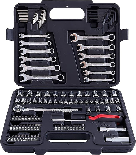 121 Piece MECHMAX Mechanic Tool Set, 1/4 & 3/8 Inch Drive SAE & Metric Socket Wrench Kit, Sockets, Combination Wrenches Auto Repair Tool Set with Storage Case and as A Gift