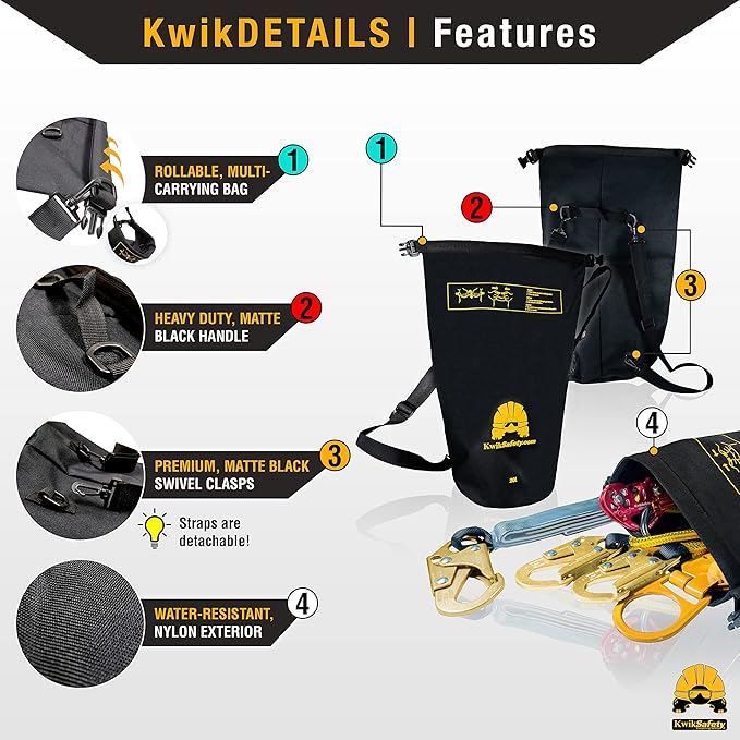 KwikSafety - Charlotte, NC - TSUNAMI KIT [Premium BRAIDED ROPE] Vertical Lifeline, 1-D Ring Safety Harness, Lightweight Tool Lanyard, Roof Anchor, 20L Dry Bag ANSI OSHA Fall Protection System / 25 FT.