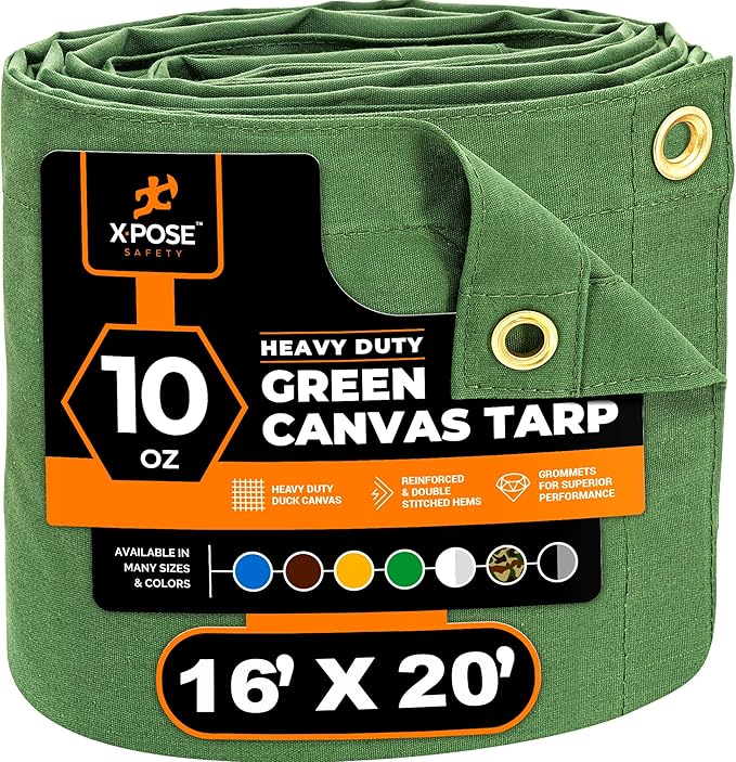 Xpose Safety Canvas Tarp - 10oz Green Canvas Tarps Heavy Duty Water Resistant with Brass Grommets- Multipurpose Outdoor Tarpaulin for Camping, Canopy, Trailer, Equipment Cover 16' x 20'
