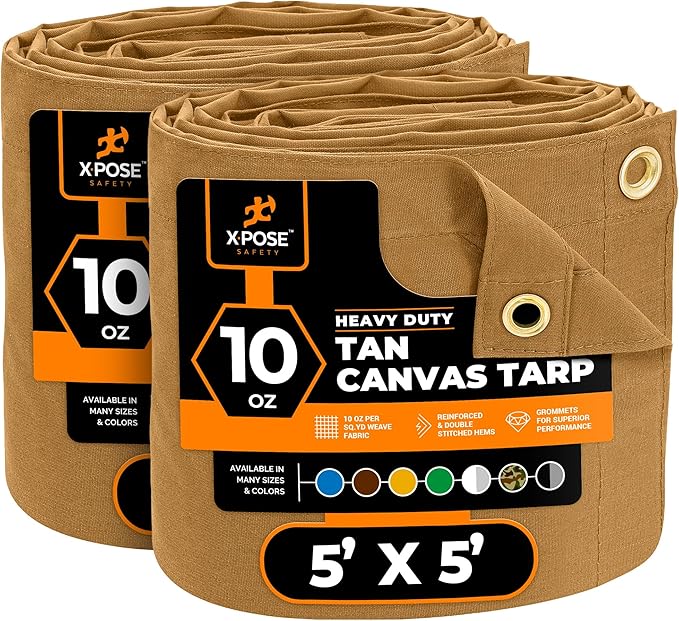Xpose Safety Canvas Tarp - 10oz Tan Canvas Tarps Heavy Duty Water Resistant with Brass Grommets- Multipurpose Outdoor Tarpaulin for Camping, Canopy, Trailer, Equipment Cover 5' x 5' (2 Pack)
