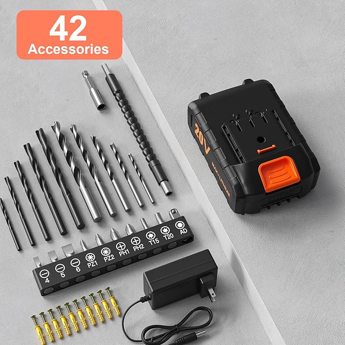 Cordless Drill Set, 20V Power Drill with Power Pack 2.0Ah and Charger, 3/8-Inch Keyless Chuck Electric drill, 25+1 Position, 42pcs Drilldriver Bits/Screws for DIY Projects (Orange)