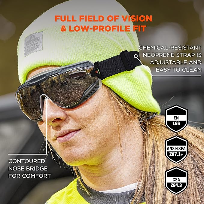 Ergodyne Skullerz Arkyn Protective Dust Safety Goggle, Non-Vented, Anti Fog, Scratch Resistant, Adjustable Neoprene Strap