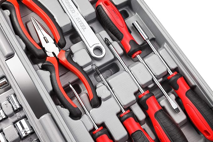 CARTMAN 205 Piece Ratchet Wrench Tool Set 1/4" & 3/8" & 1/2" Drive with SAE/Metric Sockets Kit in Plastic Toolbox