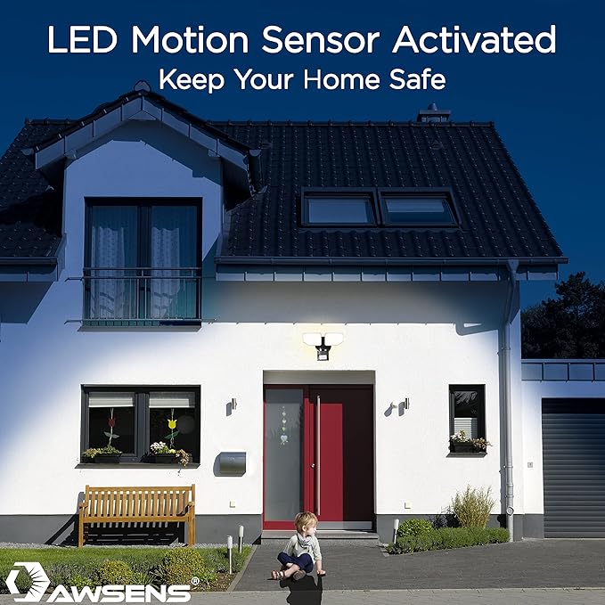 30W LED Security Lights Motion Sensor Light Outdoor, 180 Degree, 2600 LM, 5100 K, ETL Water Resistant, 2 Head Motion Detector Flood Light for Garage, Yard, Porch (Black)