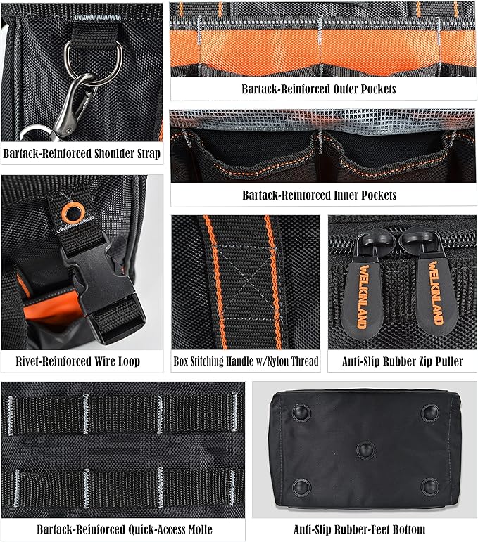 WELKINLAND 16" Tool Bags - 34-Pocket Heavy Duty Open Top Organizer for HVAC & Electricians
