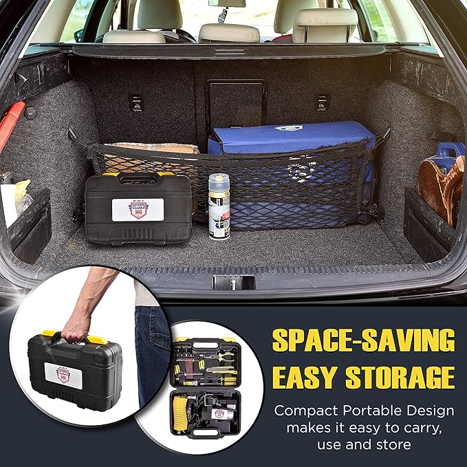 Tire Inflator Portable Air Compressor with Tire Repair Kit – 12V DC Air Pump for Car Tires, 150 PSI Electric Air Pump with Tyre Pressure Gauge, Emergency Kit, and Car Accessories Air Pump