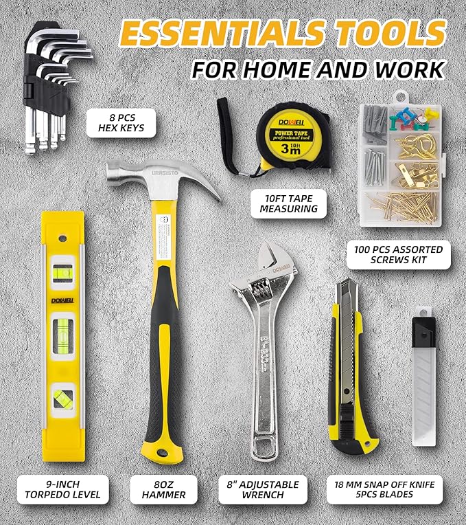 DOWELL 146PCS Homeowner Tool Set, Household Repairing Tool Kit with 14-Inch Wide Mouth Open Storage Tool Bag