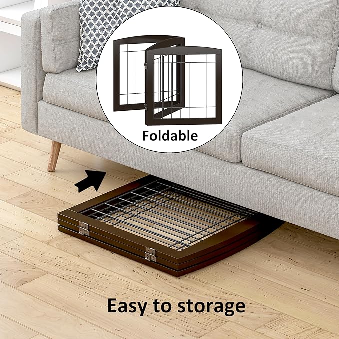 PAWLAND Free Standing Dog Gates for The House Stairs Doorways Indoor Foldable Wooden Small White Puppy Pet Gate Step Over Fence 60" W 24" H 3 Panels Espresso