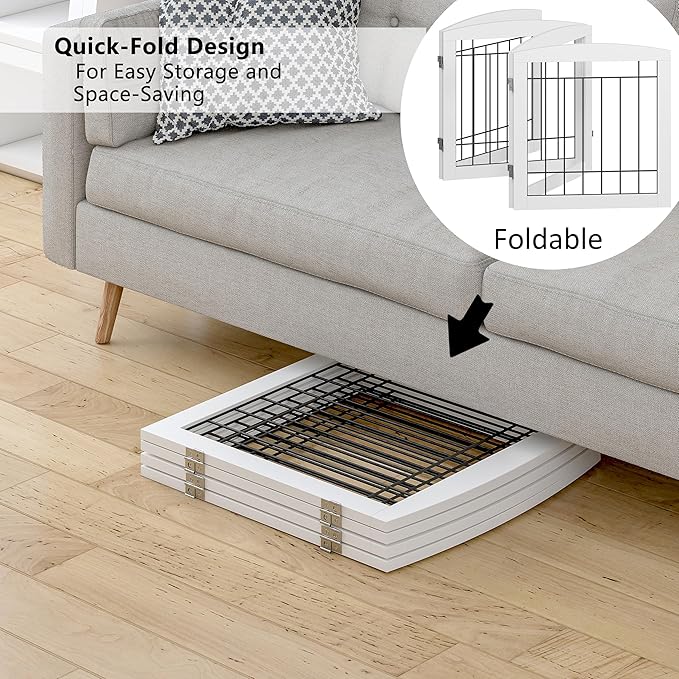 PAWLAND Dog Gate for The Doorways House Stairs Foldable Freestanding Indoor Pet Gate for Dogs Wooden Puppy Safety Fence 80" Wide 24" Height 4 Panels White