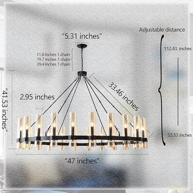 48 Inch Black Wagon Wheel Chandelier, 16 Lights, with Brown Glass Shade, Large Hanging High Ceilings Chandeliers for Dining Room Kitchen Foyer Entryway Living Room