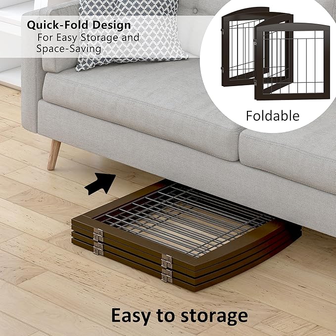 PAWLAND Dog Gate for The House Doorway Stairs Foldable Freestanding Indoor Pet Gate for Dogs Wooden Puppy Safety Fence 80" Wide 24" Height 4 Panels, Espresso