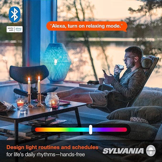 Sylvania Smart Light Bulb, Bluetooth Mesh LED Bulb, Compatible with Alexa & Google Home, A19, 60W Equivalent, E26, RGBW Full Color & Adjustable White - 4 PK [2022 Model]