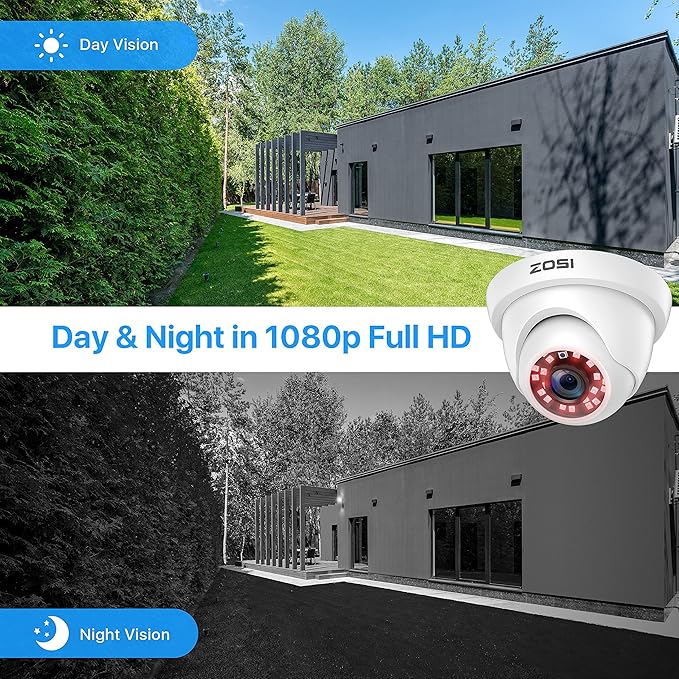 ZOSI 4 Pack 2MP 1080p HD-TVI Home Security Camera Outdoor Indoor 1920TVL, 24PCS LEDs, 80ft Night Vision, 90°View Angle, Weatherproof Surveillance CCTV Dome Camera